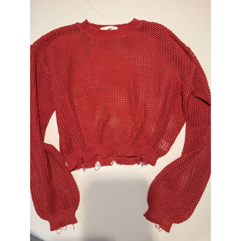 NWOT Double Zero Open Knit Distressed Cropped Pullover Sweater - Coral Red